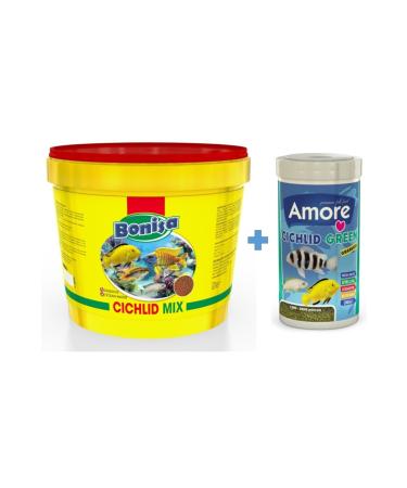 bonisa Cichlid Mix 3 Kg Bucket + Amore Cichlid Green 1000ml Box Aquarium Fish Food