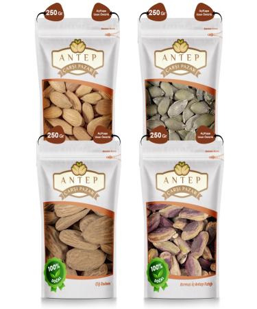 Antep Bazaar Gluten-free Raw Nuts (250 gr. X 4 Packs) Almond-inner Pistachio-inner Pumpkin and Apricot Kernels