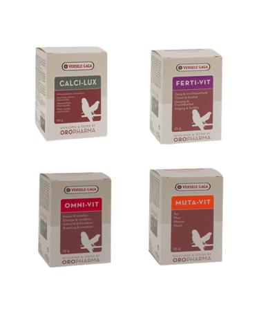 Versele Laga 4-Pack Care Set Omnivit-Mutavit-Fertivit-Calcilux 4x25 gr 4-Pack (GLASS BOTTLE - DIVISION FROM ORIGINAL)