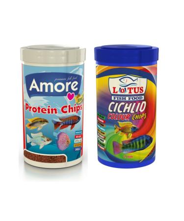 AMORE Elite Protein Red Algae Pro Chips 250ml and Cichlid Colour 250ml Colouring Fish Food