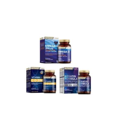 Nutraxin Omega 3 Fish Oil 2000mg 60 Capsules+Vitamin Max (c d zinc) 60 Tablets+Keratin for Hair and Nails