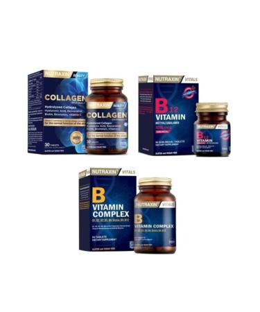 Nutraxin Type 1 and Type 3 Hydrolyzed Collagen 30 Tablets + b12 1000 Mcg 60 Tablets + b Vitamin Complex 60 Tablets