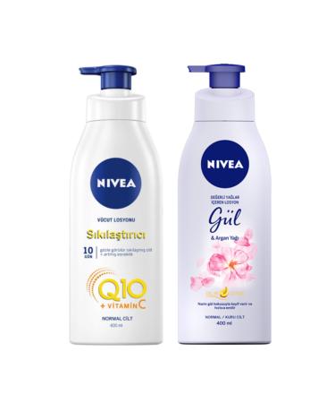 NIVEA Q10 Firming Body Lotion Pump 400 Ml + 400 Ml Rose and Argan Oil Lotion Gift