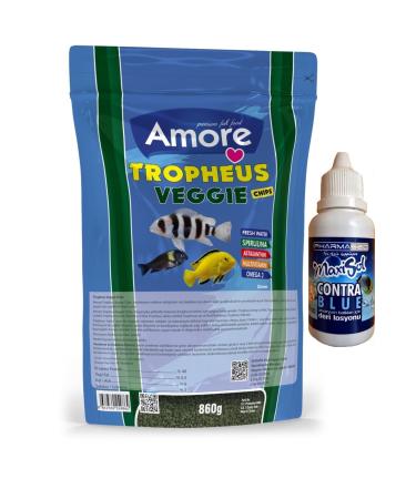 AMORE Tropheus Veggie Chips 860gr Easy-pack Green Algae Spirulina Aquarium Fish Food and Contra Blue