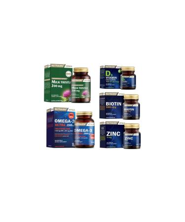 Nutraxin Milk Thistle 60 Tablets + omega 3 Ultra 30 Capsules + biotin 30 Tablets + d3 Vitamin 120 Tablets + zinc 100 T.