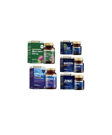 Nutraxin Milk Thistle 60 Tablets + omega 3 2000 Mg 60 Capsules + biotin 30 Tablets + Vitamin D3 120 T. + zinc 100 T.