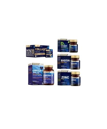 Nutraxin Collagen 30 Sachet 10000 Mg + omega 3 2000 Mg 60 Capsules + biotin 30 Tablets + D3 120 T. + zinc 100 T.