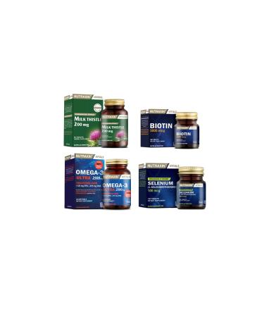 Nutraxin Milk Thistle 60 Tablets + Omega 3 Ultra 2500 Mg 30 Capsules + Biotin 30 Tablets + Selenium 100 Tablets