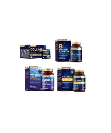 Nutraxin Collagen 30 Sachet 10000 Mg + Omega 3 Fish Oil 2000 Mg 60 Capsules + Vitamin Max 60 Tablets + Vitamin B
