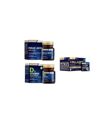 Nutraxin Collagen 30 Sachet 10000 Mg + Vitamin D3 120 Tablets + Folic Acid 400 Mcg 100 Tablets