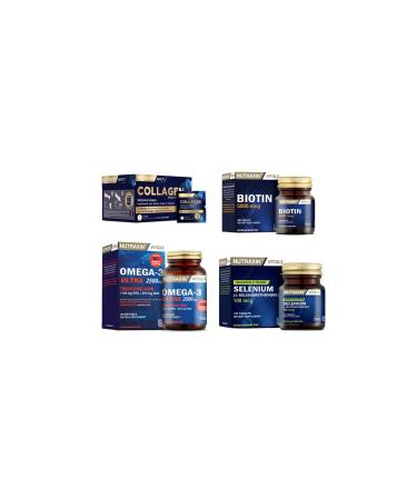Nutraxin Collagen 30 Sachet 10000 Mg +omega 3 Ultra 2500 Mg 30 Capsules + biotin 30 Tablets + selenium 100 Tablets