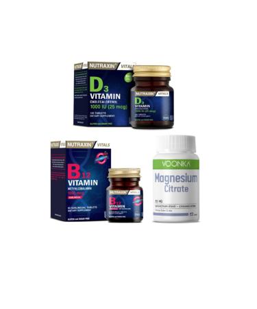 Nutraxin D3 Vitamin 1000 Iu 120 Tablets + B12 Vitamin 60 Sublingual Tablets + Voonka Magnesium 200 Mg 62 Tablets