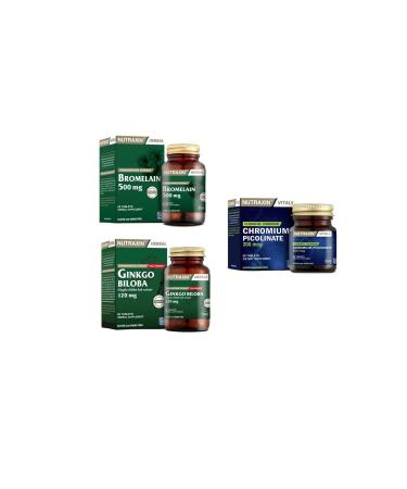 Nutraxin Ginkgo Biloba 60 Tablets + bromelain 500 Mg 60 Capsules + Chromium Picolinate (chromium) 90 Tablets