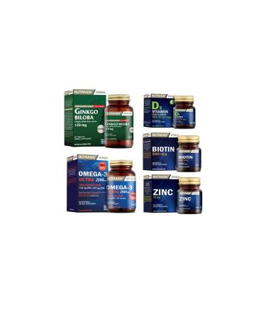 Nutraxin Ginkgo Biloba 60 Tablets + omega 3 Ultra 30 Capsules + biotin 30 Tablets + d3 Vitamin 120 Tablets + zinc 100 T.