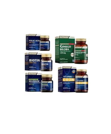 Nutraxin Ginkgo Biloba 60 Tablets + Folic Acid + Selenium + Biotin + Vitamin Max (C D Zinc)