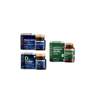 Nutraxin Ginkgo Biloba 60 Tablets + Vitamin D3 120 Tablets + Folic Acid 400 Mcg 100 Tablets