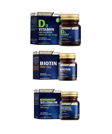 Nutraxin 5000 Mcg 30 Tablets Biotin+selenium 100mcg 100 Tablets+Vitamin D3 120 Tablets