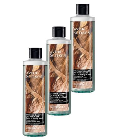 Avon Senses Extreme Limits Grapefruit and Sandalwood Scented Hair and Body Shower Gel for Men 250 Ml. Triple Set