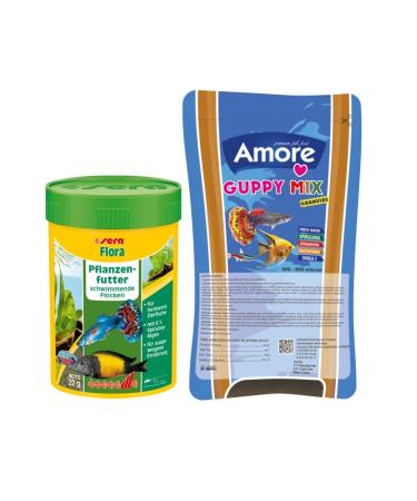 AMORE Guppy Mix Granules 45gr Bag and Flora 100ml Box Tropical Aquarium Fish Food