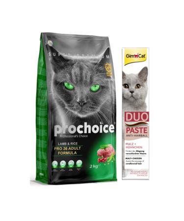 Pro Choice 36 Lamb Rice Adult Cat Dry Food 2 kg + Gimcat Duo Paste Chicken Anti-hairball Malt 50gr