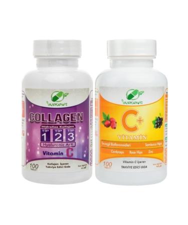 Yurdavit Set 100 Tablets Hydrolyzed Collagen 900 Mg Type Type 1-2-3 Hyaluronic Acid Vitamin C 1000 Mg