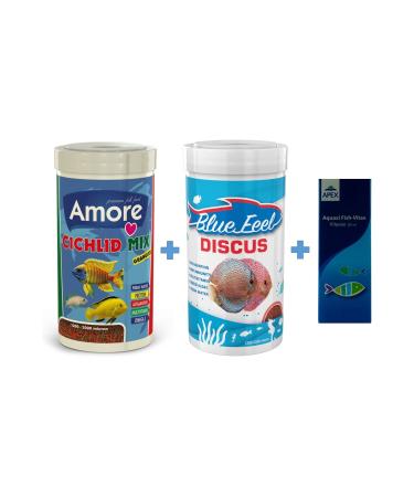 AMORE Cichlid Mix Granules 250ml And Bluefeel Discus 250ml Box Fish Food And Vitamin