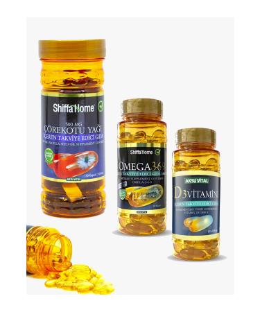 Shiffa Home Black Cumin Oil 150 Capsules + Omega 3 6 9 -60 Capsules + Vitamin D3 60 Capsules