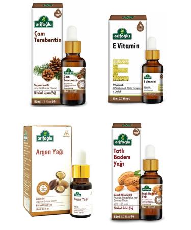 Arifo lu Hair Care Set: Argan Oil 10 Ml + Sweet Almond Oil 50 Ml + Pine Turpentine 50 Ml + Vitamin E 10 Ml