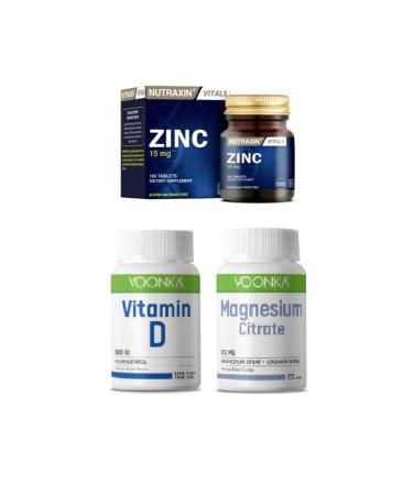 Nutraxin Zinc 15mg 100 Tablets + Voonka Vitamin D 1000 Iu 102 Capsules + Magnesium 200mg 62 Tablets