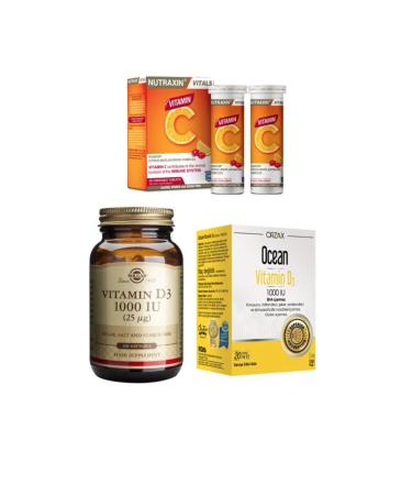 Nutraxin Vitamin C 28 Chewable Tablets + Solgar Vitamin D3 100 Softgels + Ocean Vitamin D3 Spray 20 Ml