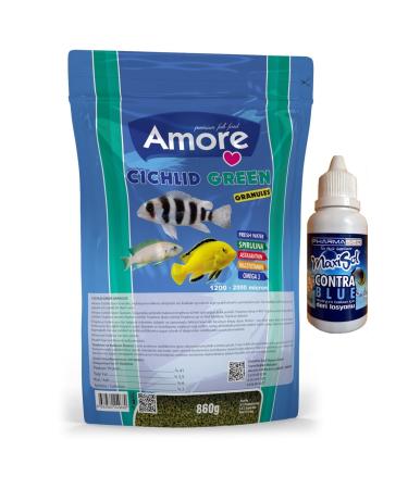 AMORE Cichlid Green Granules 860gr Easy-doypack Green Algae Spirulina Aquarium Fish Food and Contra Blue