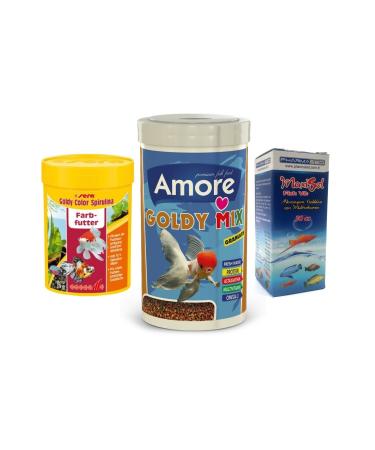 AMORE Goldy Mix Granules 250ml And Sera Goldy Color Spirulina 100ml Box Goldfish Food And Vitamin