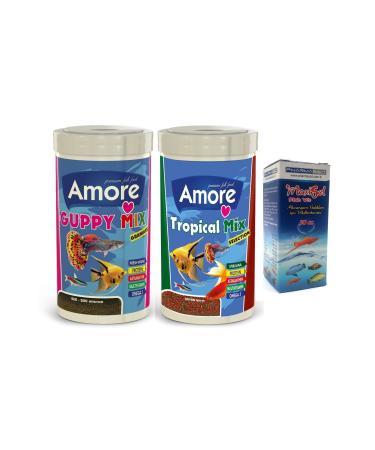 AMORE Guppy Mix Granules 250ml And Tropical Mix Selection 250ml Aquarium Fish Food And Vitamin