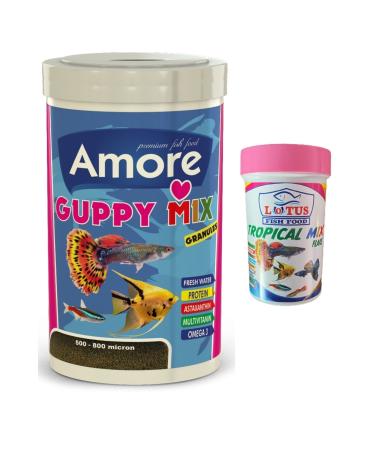 AMORE Guppy Mix Granules 1000 ml and Tropical Flakes 100 ml Box Fish Food