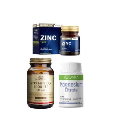Nutraxin Zinc 15 Mg 100 Tablets + Solgar Vitamin D3 1000 Iu 100 Capsules + Voonka Magnesium 200 Mg 62 Tablets