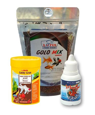 Lotus Goldfish Food and Clarifier Set Gold Mix 250gr and Goldy Gran 100ml