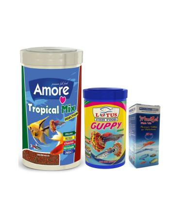 AMORE Tropical Mix Guppy Sword Moli Angel Tropical Fish Food and Vitamin 1000+100 Ml Lotus