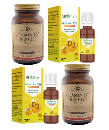 Venatura D3 Drops 1000 Iu 20 Ml*2 Pieces+solgar D3 1000 Iu 100 Softgel Capsules*2 Pieces