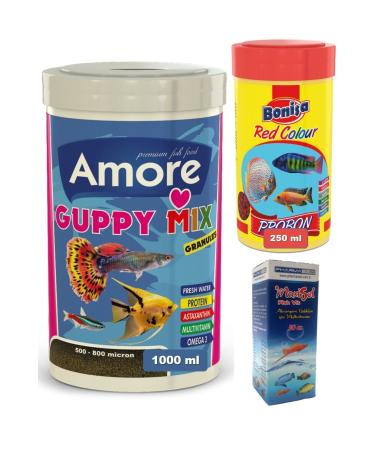 AMORE Guppy Mix Granules and Red Colour Tropical Fish Colouring Food and Vitamin Set 1000+250 Ml Bonisa