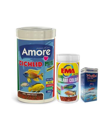 AMORE Cichlid Mix Granules 1000 And 250ml Malawi Cichlid Color Coloring Fish Food Vitamin Set Ema