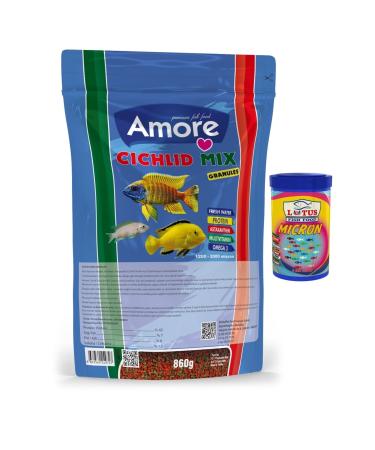 AMORE Cichlid Mix Granules 860gr Red Green Algae Spirulina Protein Fish Food and 100 ml Fry Food Lotus
