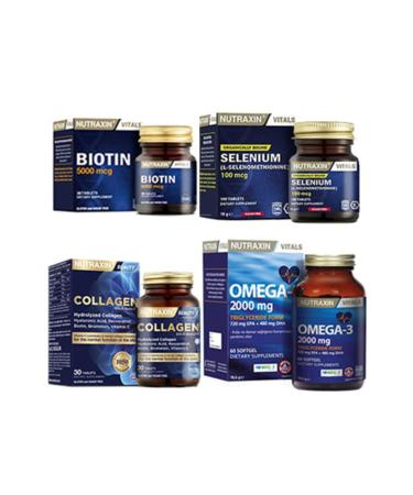 Nutraxin Biotin 30 Tablets & Collagen 30 Tablets & Omega-3 2000 Mg & Selenium