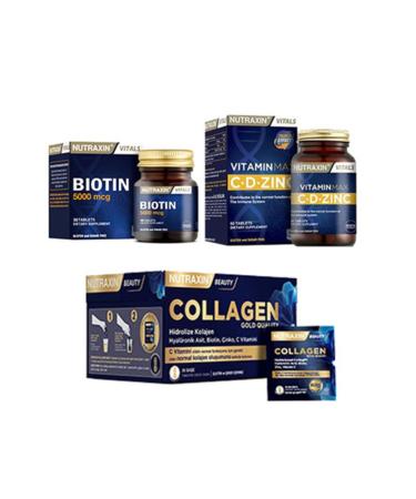Nutraxin Biotin 30 Tablets & Gold Collagen 10 Sachet & Vitamin Max CD Zinc