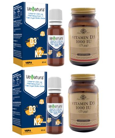 Venatura D3k2 20 Ml Drops (vitamin D 25 Mg-vitamin K 20 Mg)*2 Pieces + Solgar D3 1000 Iu 100 Softgel Capsules*2 Pieces