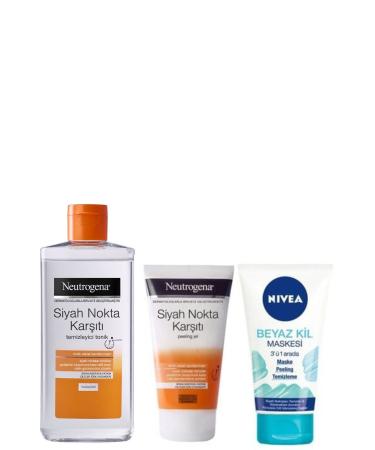 Neutrogena Blackhead Cleanser Tonic 200ml & Anti-Blackhead Peeling Gel 150ml & Nivea White Clay Mask 150ml