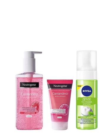 Neutrogena Revitalizing Face Clean.gel 200ml&visibly Pink Peeling Gel 150ml&nivea Detox Face Wash Foam.150ml