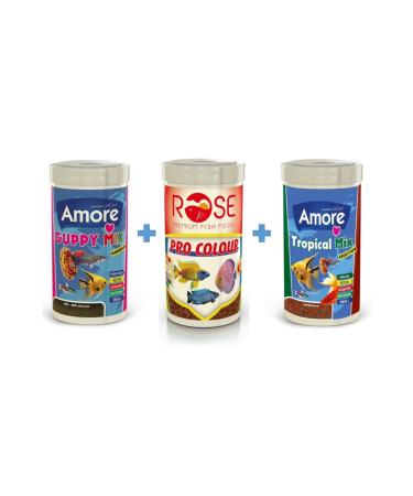 AMORE Guppy Mix 250ml + Pro Color Chips 250ml + Tropical Selection 250ml Tropical Fish Food