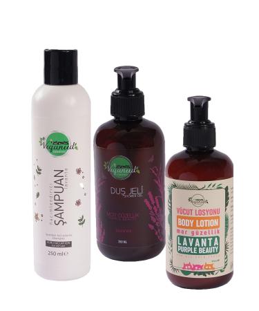 Veganeed Vegan Purple Beauty Bath Set: Shampoo & Shower Gel & Body Lotion Lavender Flavored 250 + 250 + 250 Ml