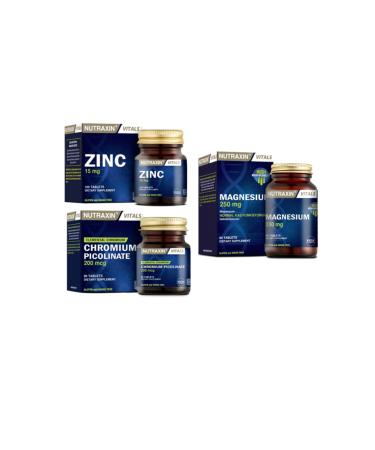Nutraxin Magnesium 250 Mg 60 Tablets + Zinc 15 Mg 100 Tablets + Chromium Mineral Food Supplement 90 Tablets