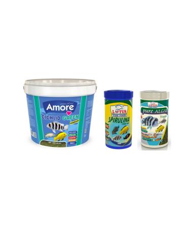 Lotus Amore Cichlid Green 3 Kg + Cichlid Spirulina 250 Ml + Pure Algae Veggie 250 Ml Fish Food